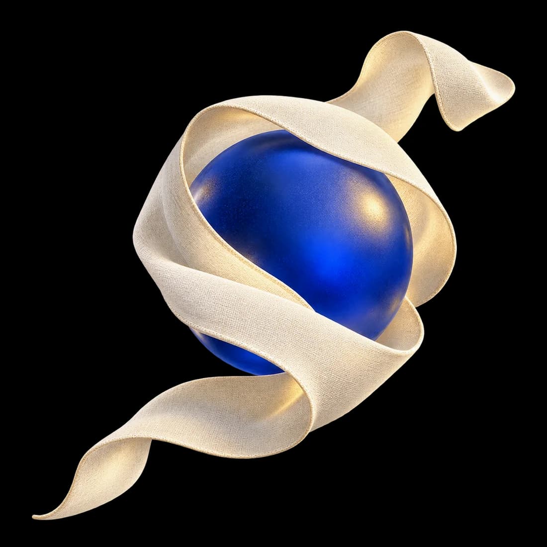 Un ruban de lin ivoire enveloppe une sphère bleue, illustration du mouvement du souffle.