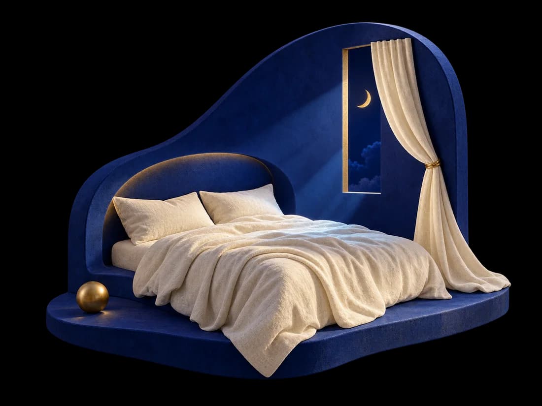 Une chambre miniature bleue, un lit en lin ivoire et un rideau ouverts sur un petit croissant de lune.