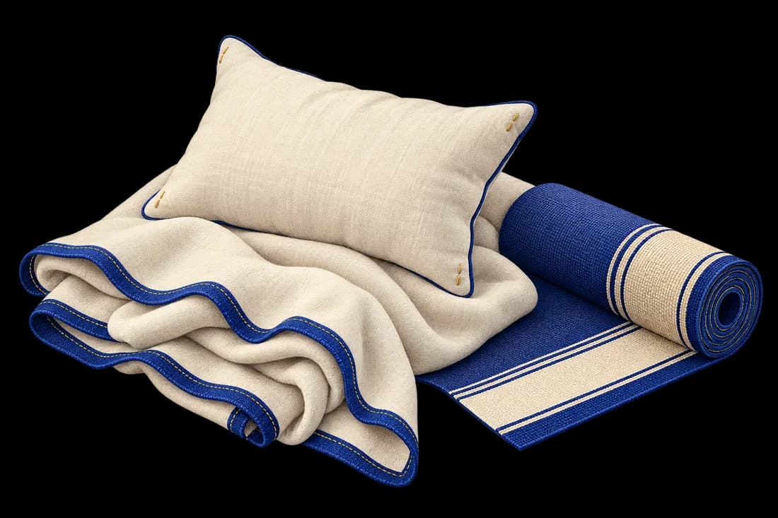 Un coussin, une couverture en lin et un tapis pour s’installer confortablement.
