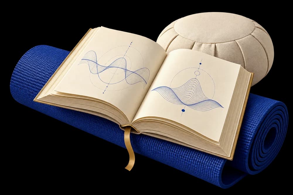 Un livre ouvert illustré de courbes, posé sur un tapis de yoga bleu, près d’un coussin en lin.