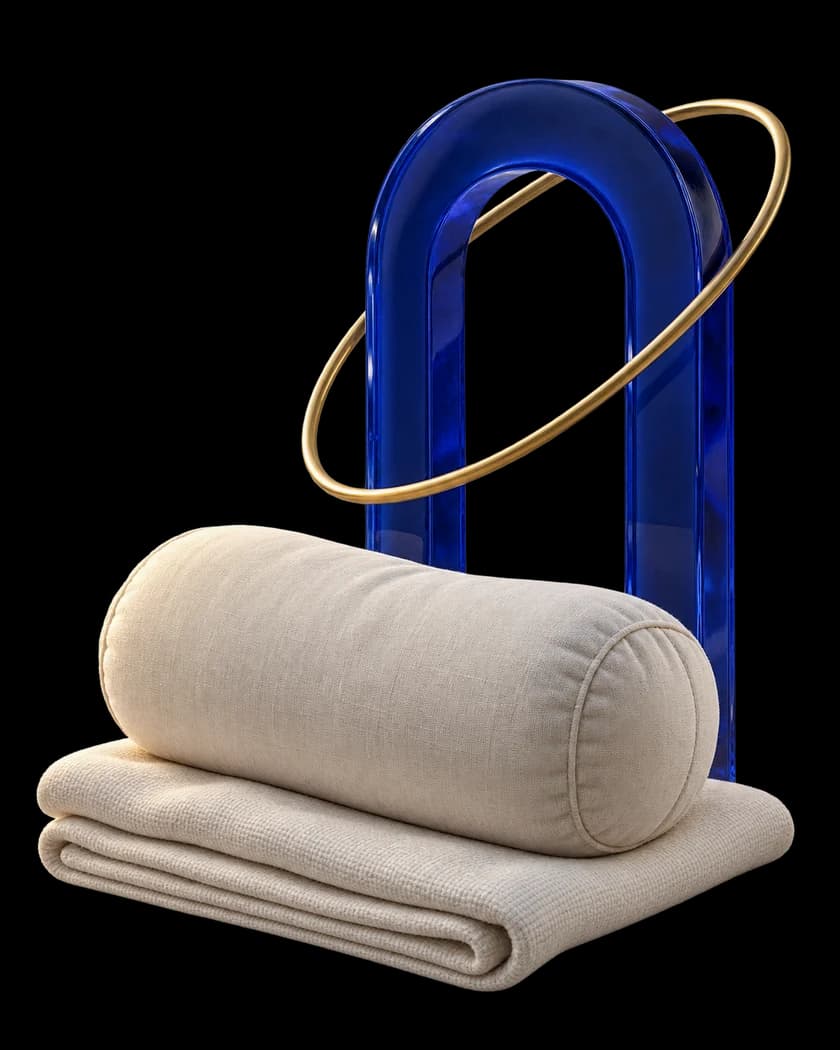 Un coussin en lin et une couverture pliée devant une arche en verre bleu, traversée d’un anneau doré.