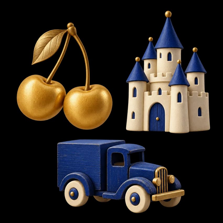 Une paire de cerises, un château et un camion : trois images indépendantes commençant par C.